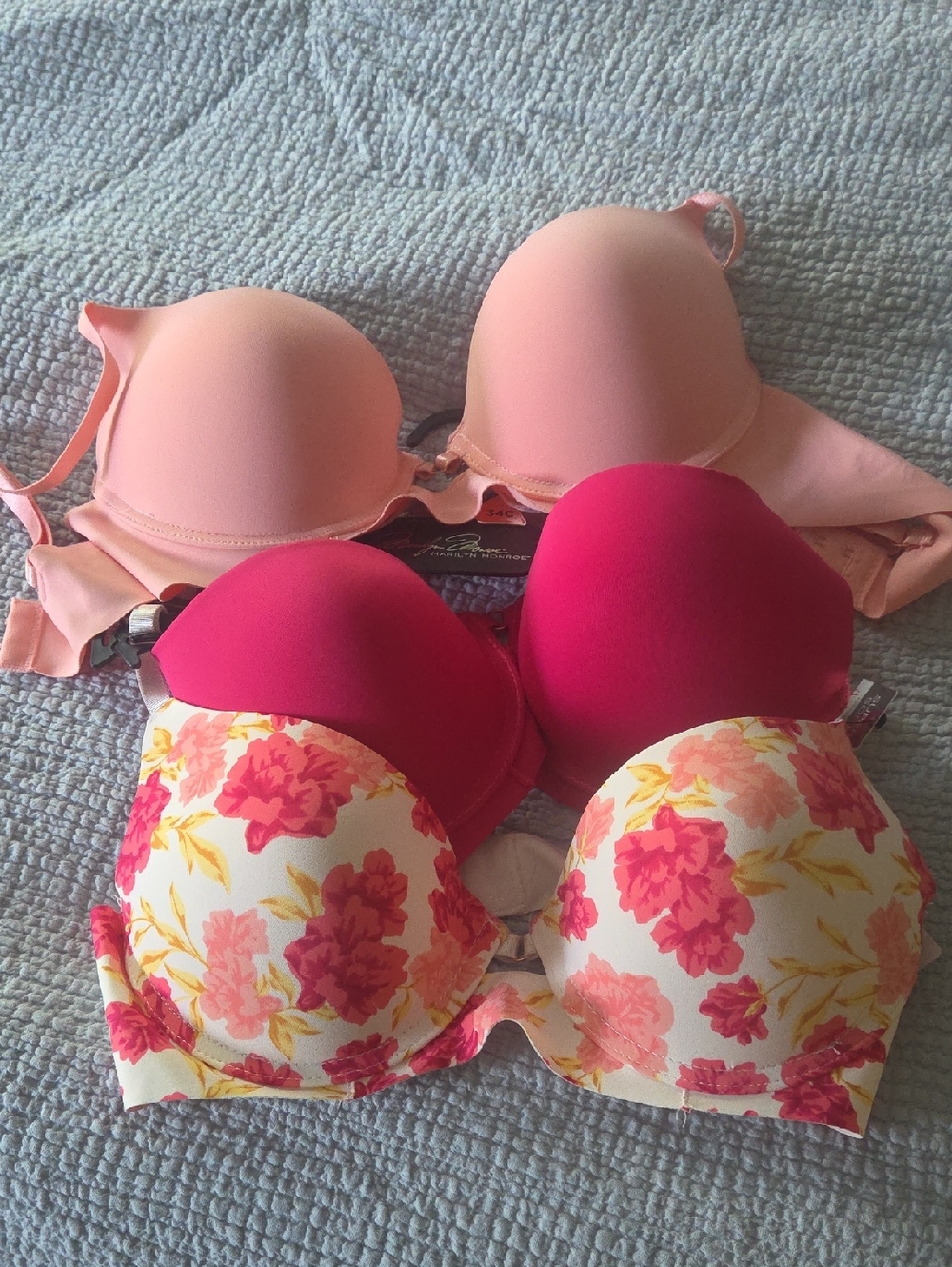 Marilyn Monroe 3-Pack Push-Up Bras — Light Pink, Hot Pink & Floral